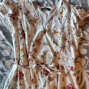White Floral Wrap Dress with Tie Waist